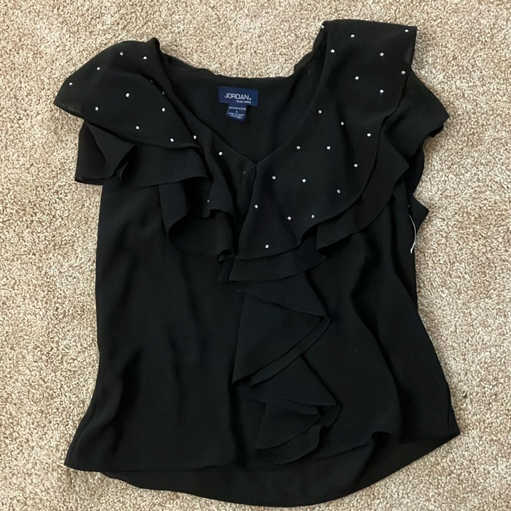 5/$15 Jordan Black Sleeveless Ruffled Embellished Blouse